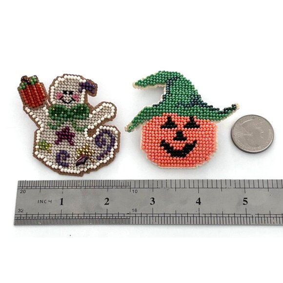 Vintage Handmade Halloween Beaded Seed Bead Sewing Ghost Pumpkin Brooch Pins Pin - Picture 4 of 5